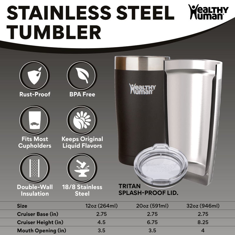 Healthy Human Stainless Steel Tumbler with Straw | Splash Proof Insulated Travel Cruiser Cup | Eco-Friendly Coffee Tumblers with Straws Cleaner & Splash Proof Lid (12oz, Pure Black) - Image 2